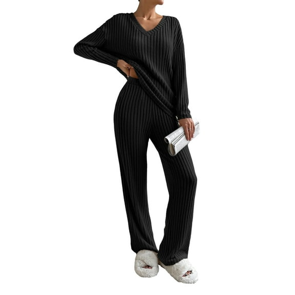 Women's Black Ribbed Knit V Neck Slouchy Two-Piece Lounge Set - [ZhiHiMeRi] | (US 12-14)L,Black