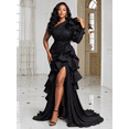 thumbnail image 1 of Women's Black Ruched and High Slit Maxi Length Evening Gown with One Shoulder for Wedding Guest, Prom and Evening Party, 1 of 2
