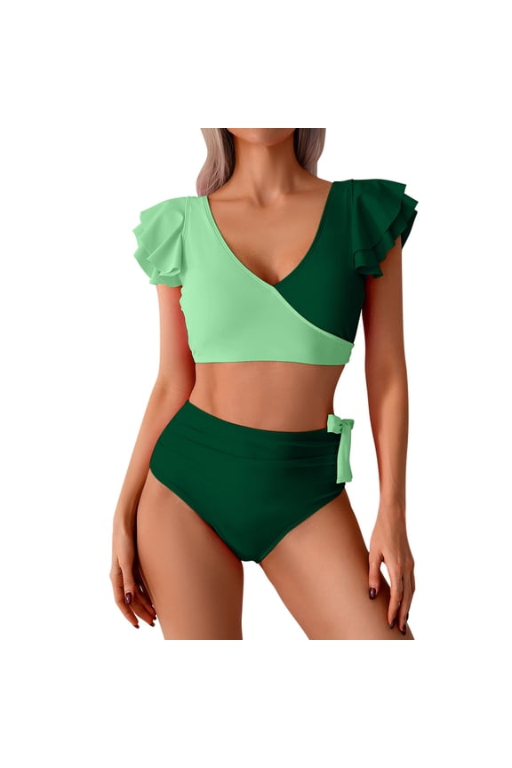 Women's Black Ruffle Trim Bikini Set, V Neck Crop Top with Side Bow & High Waist Tummy Control Bottom, Two Piece Swimsuit Outfit