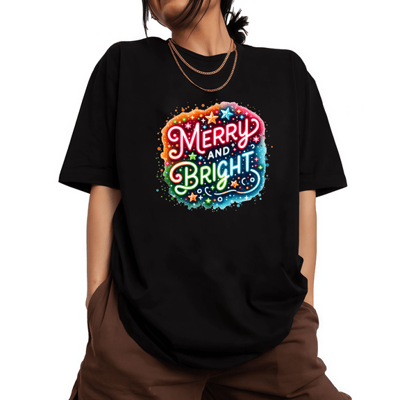 Women’s Merry and Bright Graphic T Shirt Colorful Holiday Neon Tee Top S-5XL Black White