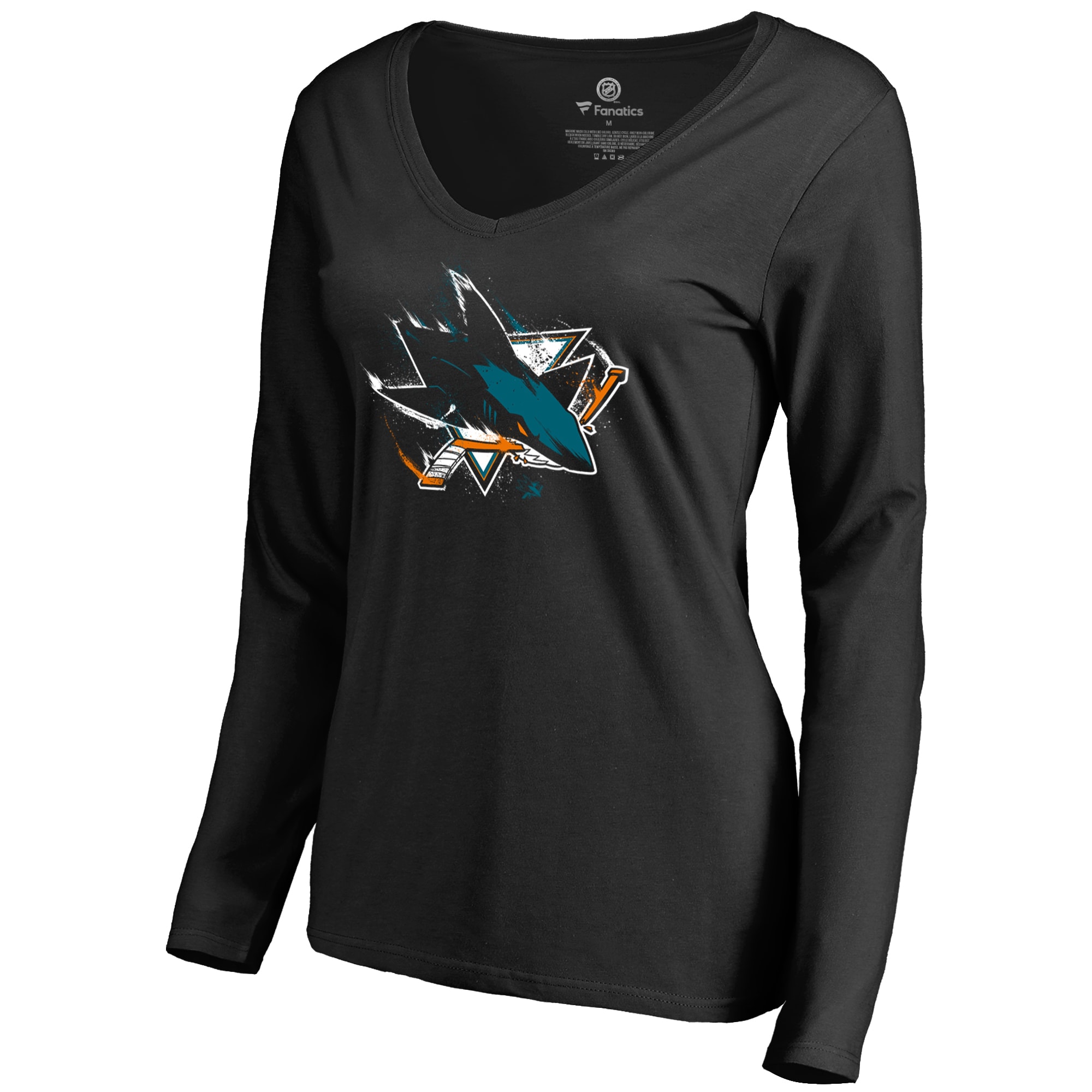 Women's Black San Jose Sharks Splatter Logo V-Neck Long Sleeve T-Shirt