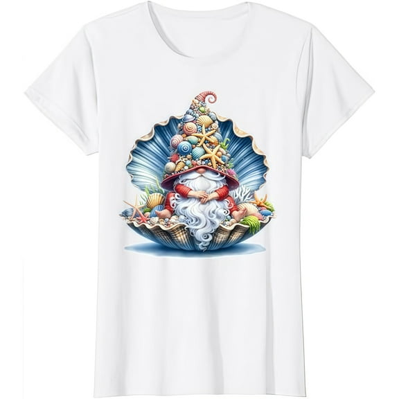 Women's Black Seashell Gnome Graphic Tee Plus Size S-5XL, Whimsical Printed T-Shirt, Casual Oversized Top for Coastal Enthusiasts & Fantasy Style Lovers