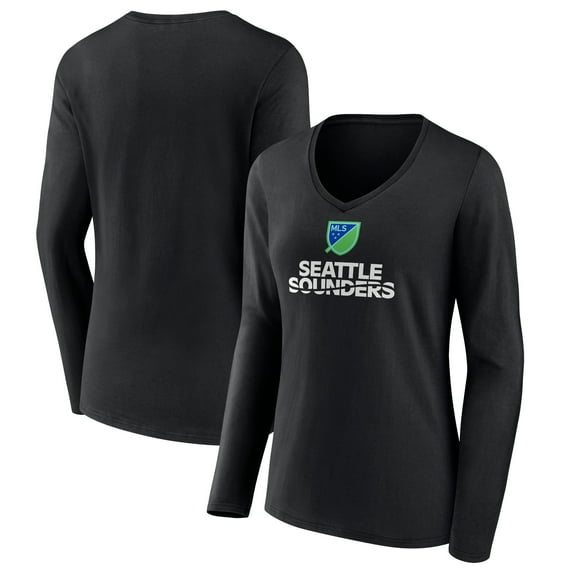 Women's Black Seattle Sounders FC Shielded Long Sleeve V-Neck T-Shirt