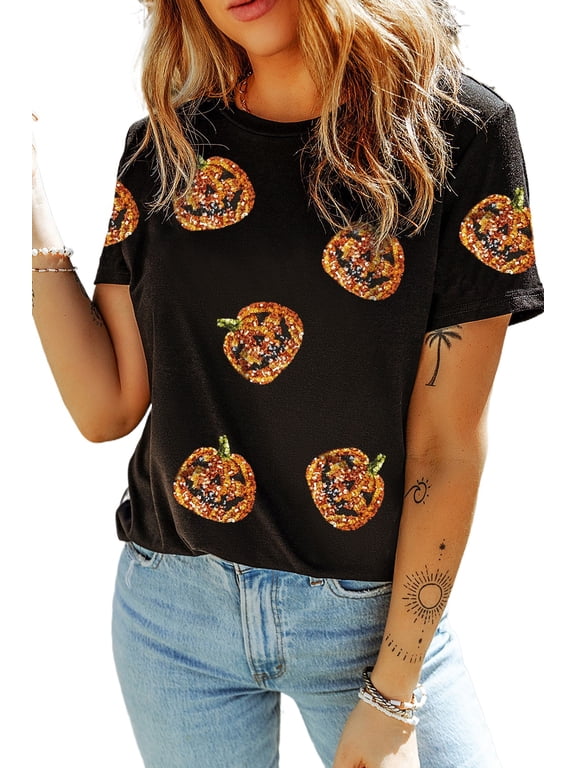 Women's Sequin Pumpkin T Shirt, Casual Halloween Graphic Top S