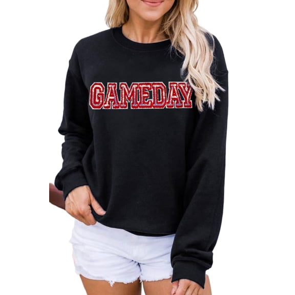 Women's Black Sequined Game Day Rugby Football Season Sweatshirt - [ZhiHiMeRi] | (US 20-22)2XL