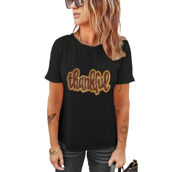 Women's Black Sequined Thankful Graphic Round Neck Tee, (US 20-22)2XL