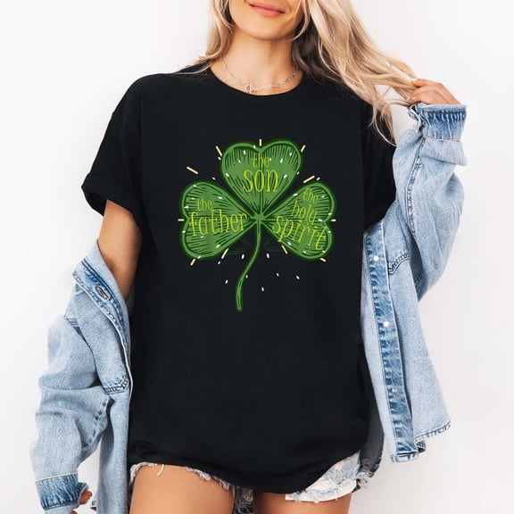 Women's Shamrock "Father Son Holy Spirit" Graphic T-Shirt, Short Sleeve, Black, St. Patrick's Day Casual Top