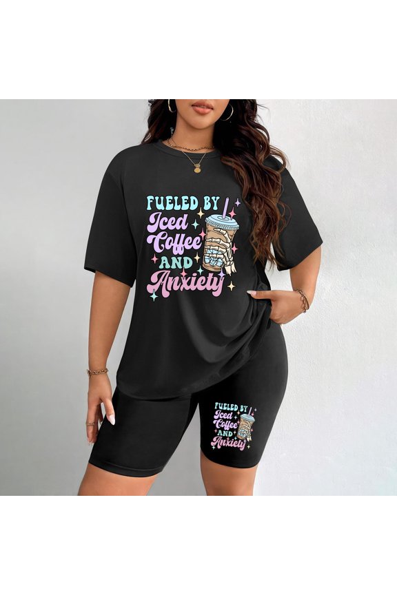 Women's Plus Size Short Sleeve Set Iced Coffee Print Matching T-Shirt and Shorts