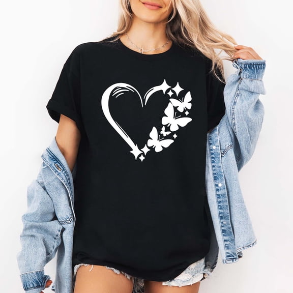 Women's Graphic T-Shirt, "Happy New Year" White Starry Calligraphic Print, Black Short Sleeve Casual Top