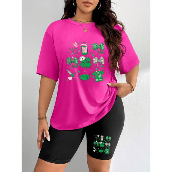 Women's Plus Size St. Patrick's Day Nurse & Shamrock Graphic Short Sleeve T-Shirt & Biker Shorts 2-Piece Set