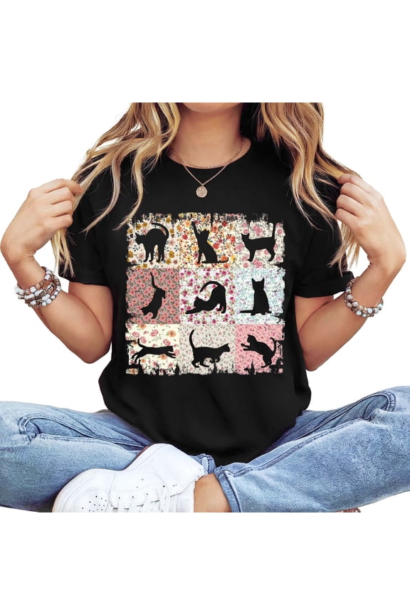 Women's Black Short Sleeve Crew Neck Casual T-Shirt - Cute Bow-Kitty & Kittens Reading Graphic Top