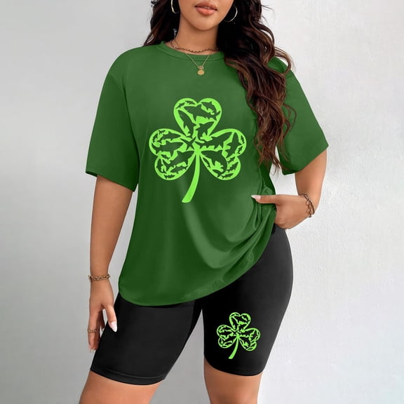 Women's Plus Size St. Patrick's Day Shamrock Heart Print Short Sleeve T-Shirt & Biker Shorts 2-Piece Lounge Set
