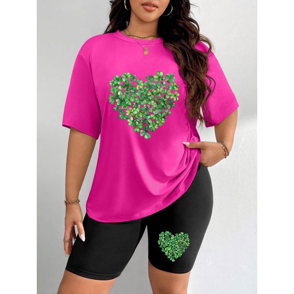 Women's Plus Size St. Patrick's Day Shamrock Heart Print Short Sleeve T-Shirt & Biker Shorts 2-Piece Lounge Set