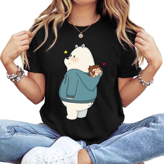 Women's Cute Polar Bear & Kid Graphic T-Shirt, Short Sleeve, Black, Casual Adorable Everyday Top