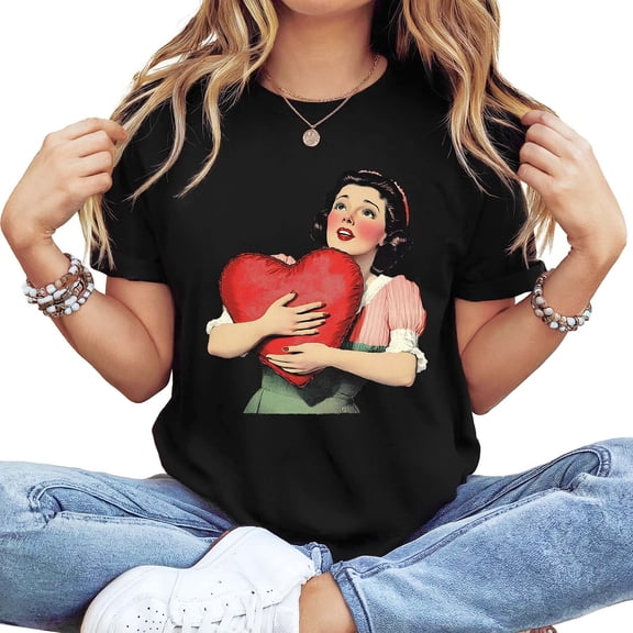 Women's Vintage Pin-Up Girl & Red Heart Graphic T-Shirt, Short Sleeve, Black, Casual Valentine's Day Retro Stylish Top