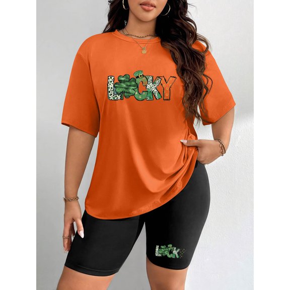 Women's Plus Size St. Patrick's Day "Lucky" Graphic Short Sleeve T-Shirt & Biker Shorts 2-Piece Lounge Set