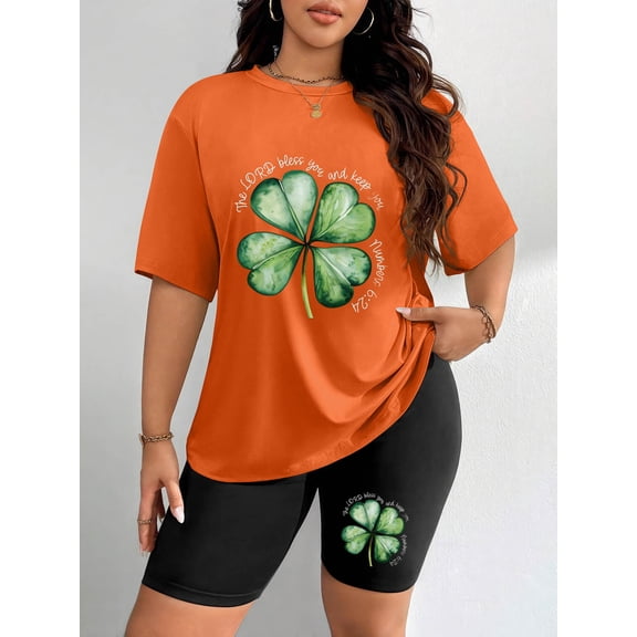 Women's Plus Size St. Patrick's Day Shamrock & Bible Verse Graphic Short Sleeve T-Shirt & Biker Shorts 2-Piece Set