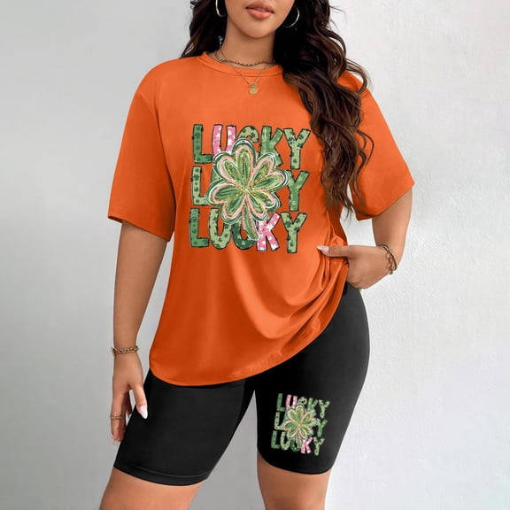 Women's Plus Size St. Patrick's Day Shamrock & Bible Verse Graphic Short Sleeve T-Shirt & Biker Shorts 2-Piece Set