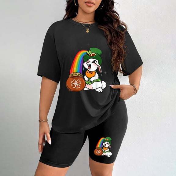 Women's Plus Size St. Patrick's Day Cute Dogs With Leprechaun Hats Graphic Short Sleeve T-Shirt & Biker Shorts 2-Piece Set