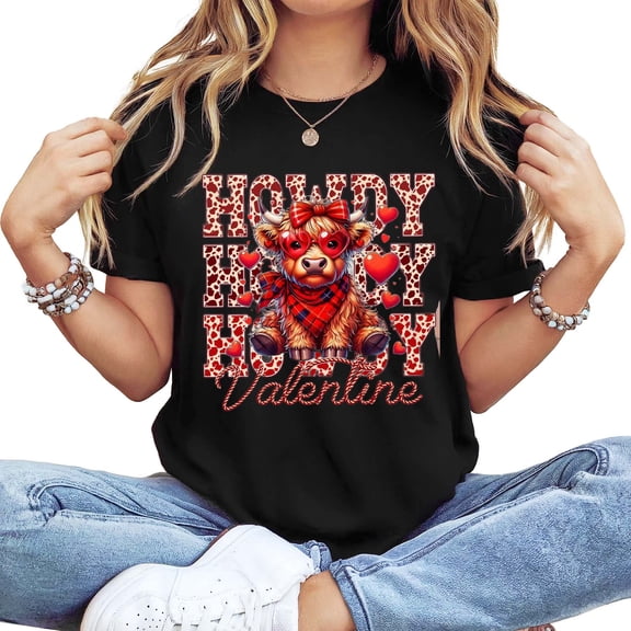 Women's Valentine "Howdy" Graphic T-Shirt, Plaid Cow & Heart Design, Short Sleeve Crew Neck Black Top
