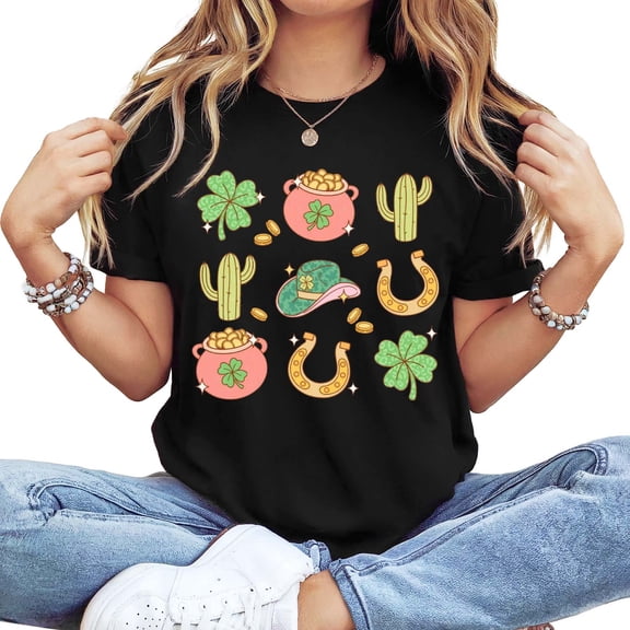 英文标题：Women's "Happy St. Pat-Rex Day" Dinosaur Shamrock Graphic T-Shirt, Short Sleeve, Black, Festive Casual Top