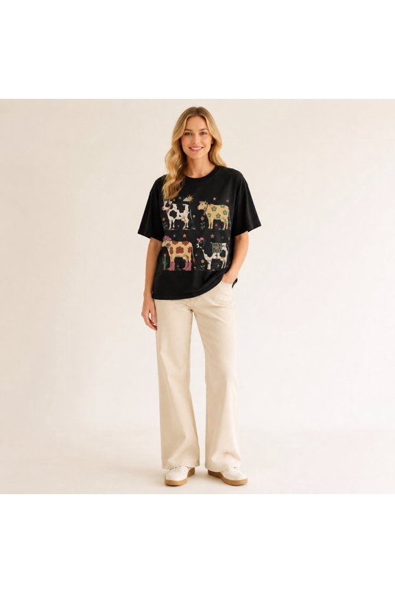 Women's Black Short Sleeve Crew Neck Cow Print Graphic T-Shirt for Summer Casual Wear