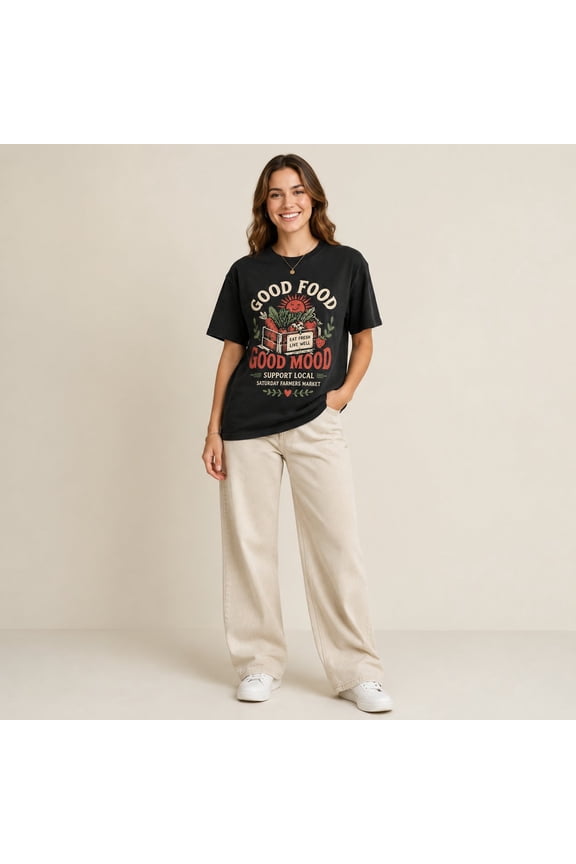 Women's Black Short Sleeve Crew Neck Graphic T-Shirt Good Food Good Mood Support Local Farmers Market Casual Summer Tee