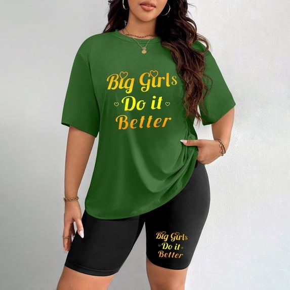 Women's Plus Size Short Sleeve Set Big Girls Do It Better Print Matching T-Shirt and Shorts