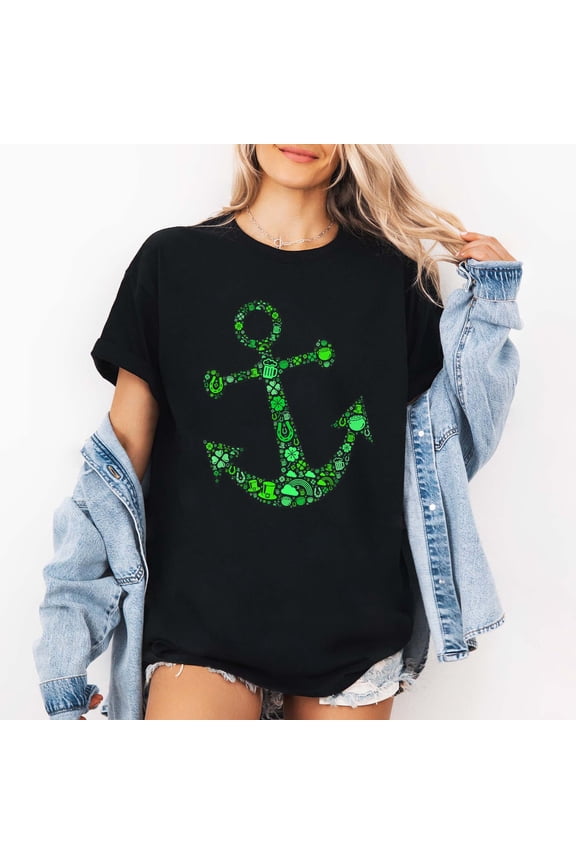 Women's Irish-Themed Anchor (Shamrock/Leprechaun) Graphic T-Shirt, Short Sleeve, Black, St. Patrick's Day Casual Top