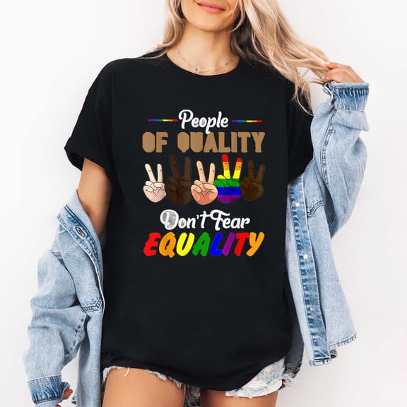 Women's Graphic T-Shirt, "People of Quality Don't Fear Equality" LGBTQ  Pride Peace Sign Print, Black Short Sleeve Casual Top