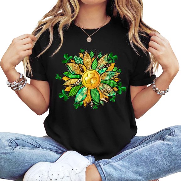 Women's Black Short Sleeve Crew Neck Sunflower & Clover Gold Coin St. Patrick's Day Graphic T-Shirt