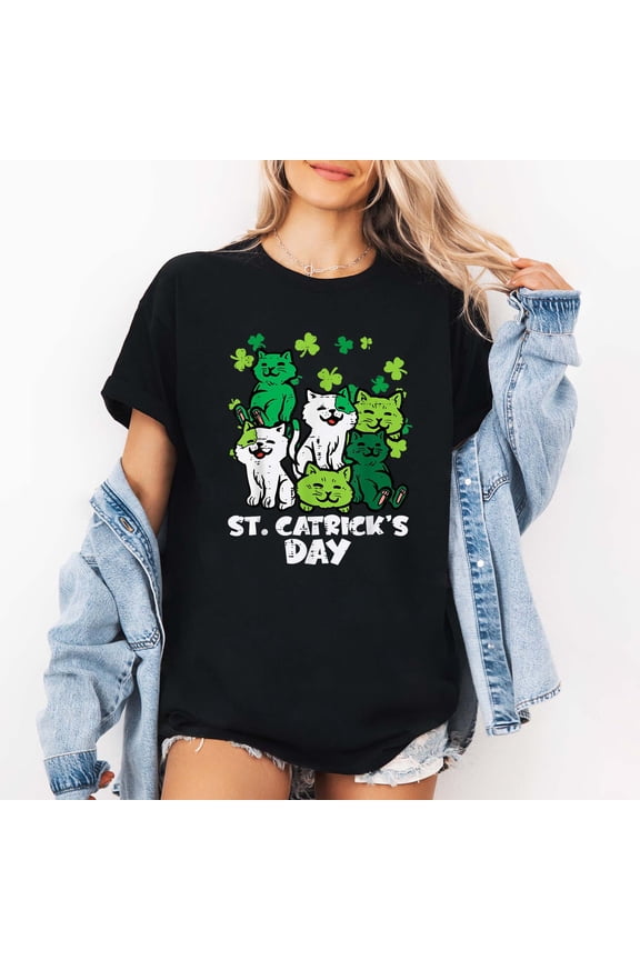 Women's "St. Catrick's Day" Green & White Cats & Shamrock Graphic T-Shirt, Short Sleeve, Black, St. Patrick's Day Casual Top