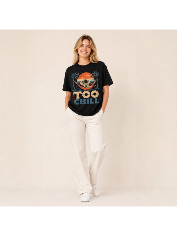 Women's Black Short Sleeve Crewneck T-Shirt, Tropical Astronaut Hammock Graphic Top, Summer Vacation Beachwear for Casual Outings and Travel
