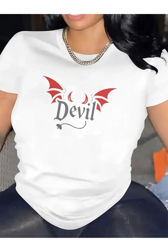 Women's Black Short Sleeve T-Shirt - Red Devil Graphic, Durable Polyester, Comfortable Fit, Casual or Special Occasions, Lightweight Medium Stretch Tee
