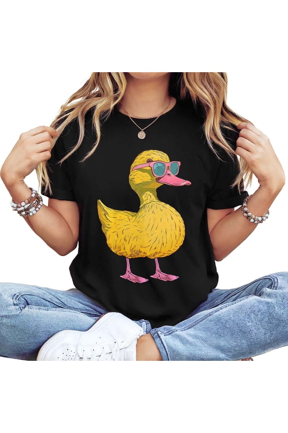 英文标题:Women's Cute Duck Graphic T-Shirt, Sunglasses Design, Short Sleeve Crew Neck Black Casual Top