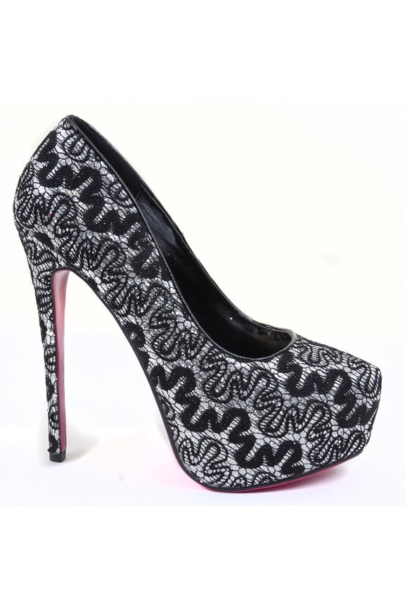 Women's Black Silver Lace Overlay Glitter Almond Toe Stiletto Platform