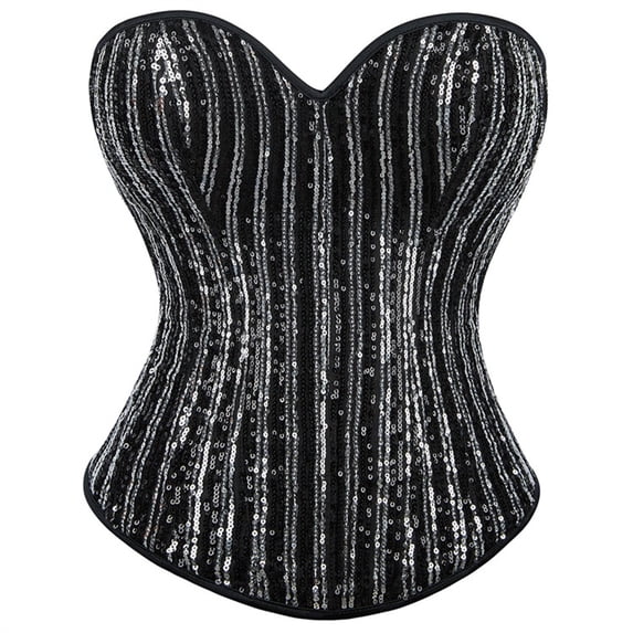 Women's Black Silver Striped Sequin Strapless Corset Sweetheart Bust Shaping Waist Trainer for Nightclub Evening Party