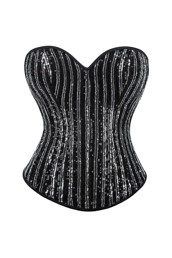 Women's Black Silver Striped Sequin Strapless Corset Sweetheart Bust Shaping Waist Trainer for Nightclub Evening Party