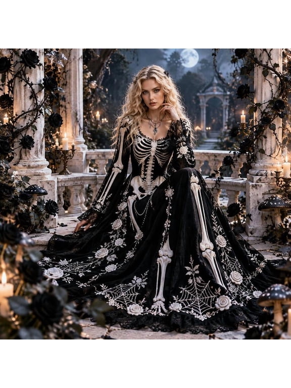 Women's Black Skeleton Print Long Sleeve A-Line Maxi Dress, Gothic Halloween Party Costume, Elegant Evening Gown For Theme Party