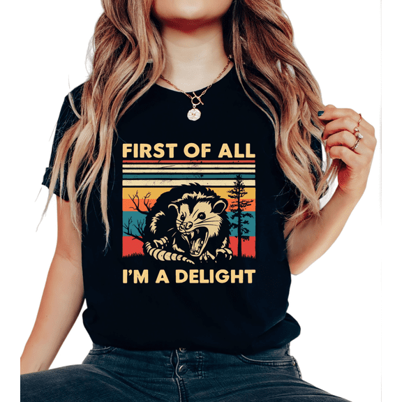 Women's Black Skunk First Of All I'm A Delight Print Tshirt Retro Funny Quote Graphic Tees Casual Animal Lover Shirts Stylish Daily Tops S-5XL