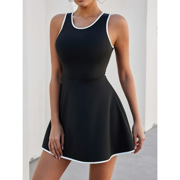 Women's Black Sleeveless Athletic Dress with White Stripes - Breathable High-Waisted Tennis Skirted Dress, Slim Fit Gym & Workout Activewear for Spring/Summer/Fall, Tennis Dress