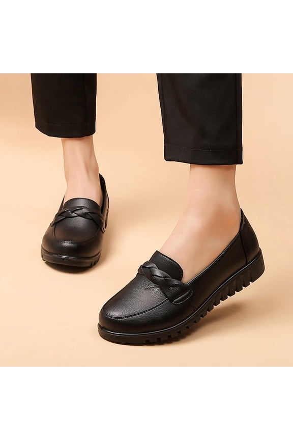 Women's Black Slip-On Work Flats with Braided Detail & Non-Slip Comfort Sole Soft Cushioned Insole for Walking Running Chef Elegant Office Footwear Commuter Shoes Girl Flatform Design Sweat