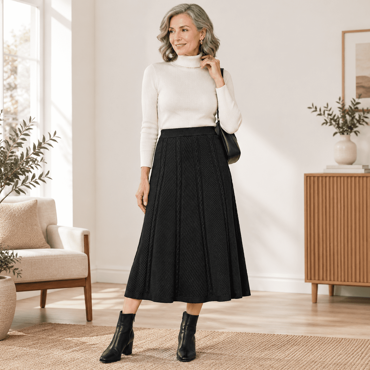 Women's Black Small A-Line Ribbed Knit Maxi Skirt for Fall Winter ...