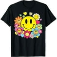 thumbnail image 1 of Women's Black Smiley Face Floral Graphic Tee Plus Size S-5XL, Vibrant Printed T-Shirt, Casual Oversized Top for Retro & Positivity Enthusiasts, 1 of 5