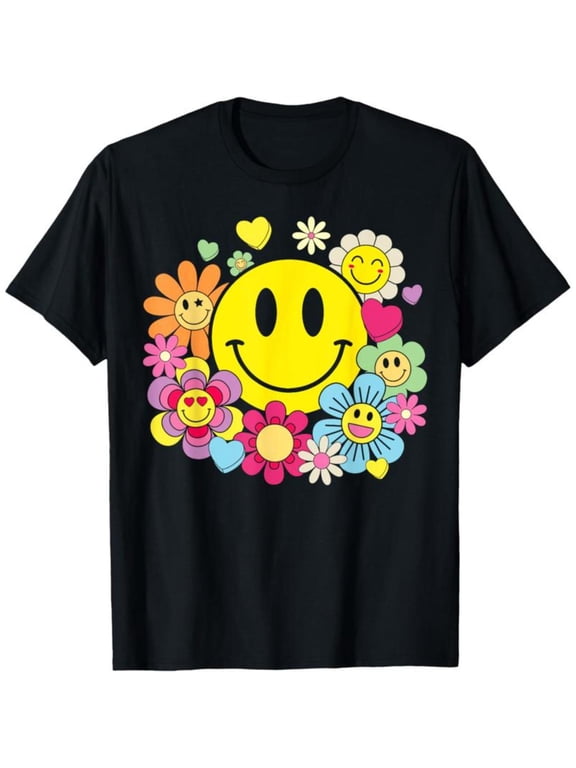Women's Black Smiley Face Floral Graphic Tee Plus Size S-5XL, Vibrant Printed T-Shirt, Casual Oversized Top for Retro & Positivity Enthusiasts