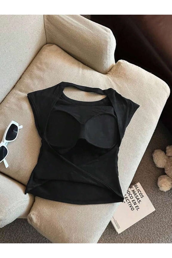 Women's Black Solid Color Backless Tank Top Round Neck Slim Fit Sleeveless Summer Top