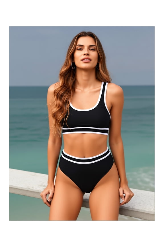 Women's Black Solid Color Bikini Set - Modest Elegant Two-Piece Swimwear for Beach & Hot Spring