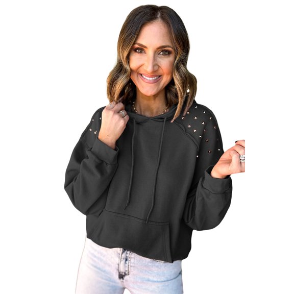 Women's Black Solid Color Rivet Stud Hoodie with Pocket