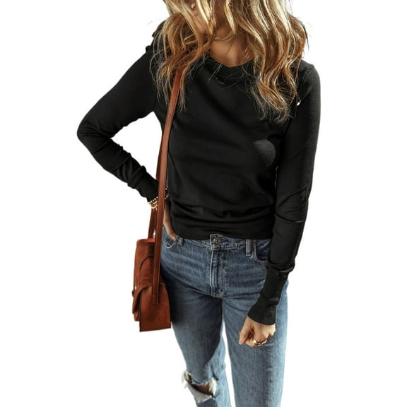 Women's Black Solid Color Slim Fit Lightweight Crew Neck Sweater for Everyday Style - [ZhiHiMeRi] | (US 12-14)L