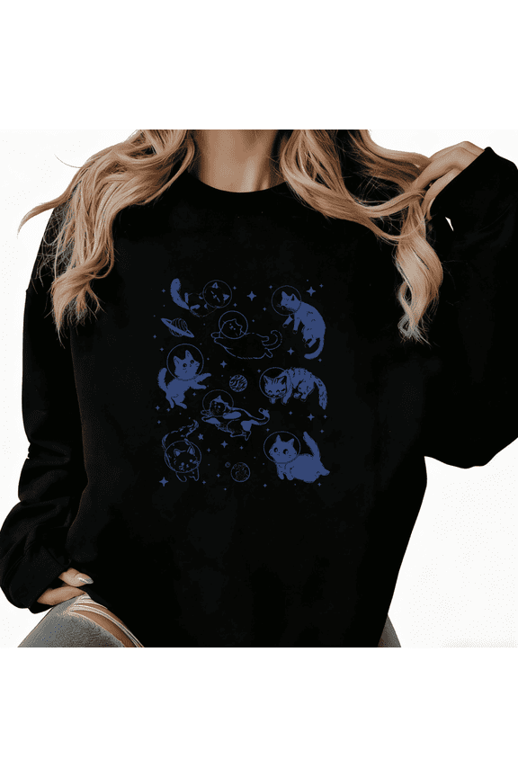 Women's Black Space Cat Art Pattern Niche Design Trendy Loose Casual Sweatshirt S-3XL
